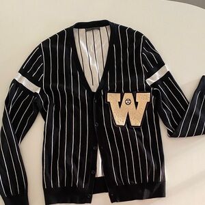 Vintage Black and White Striped Cardigan with W Letter Patch
